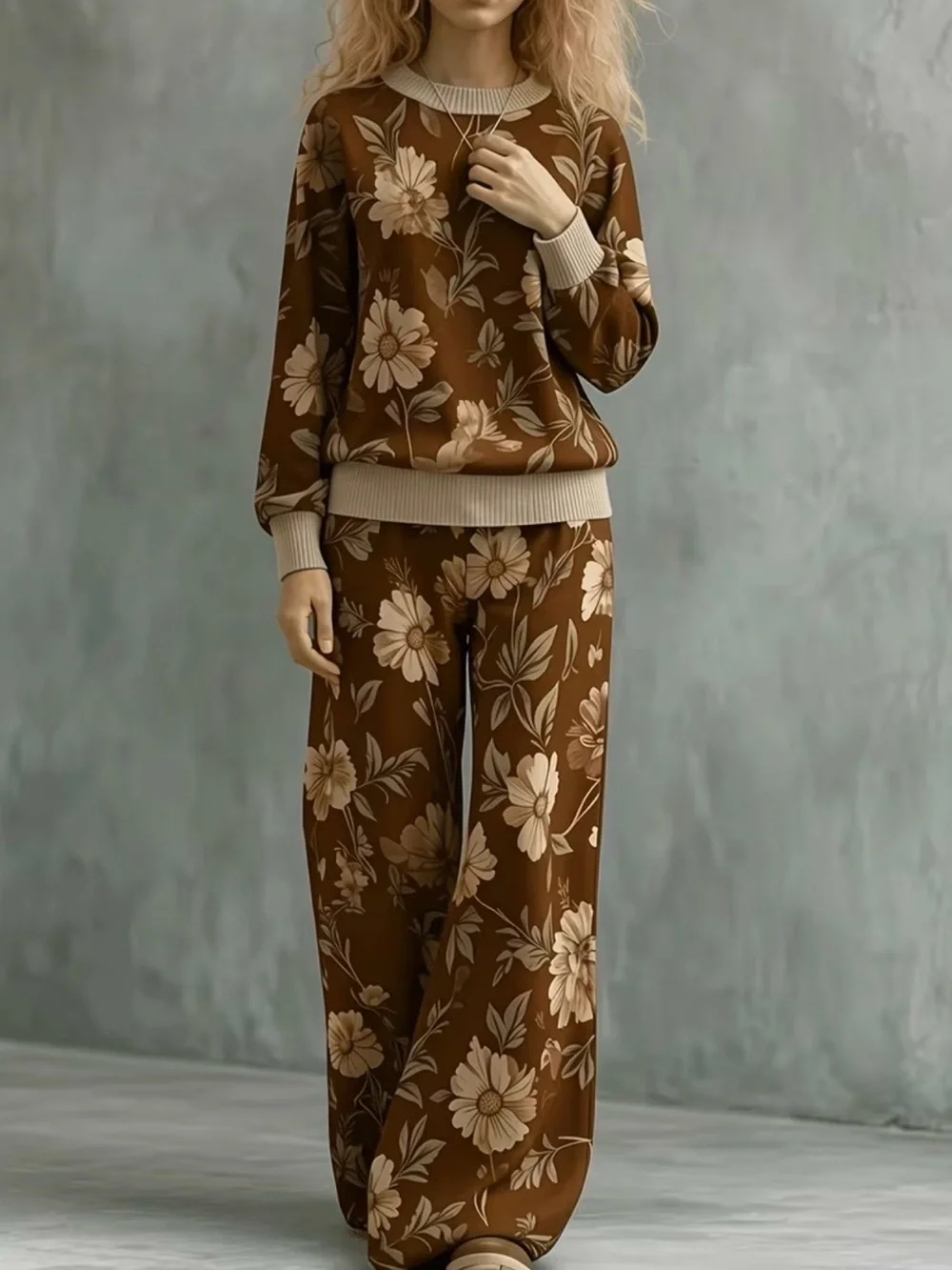 Retro Brown Floral Wide-Leg Pants + Top Set with pockets New Boutique loose fit - Picture 3 of 5